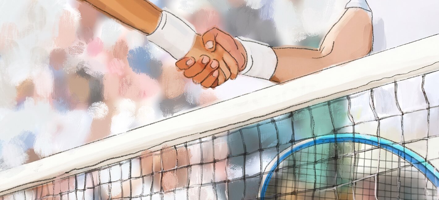 Tennis players shaking hands at the net